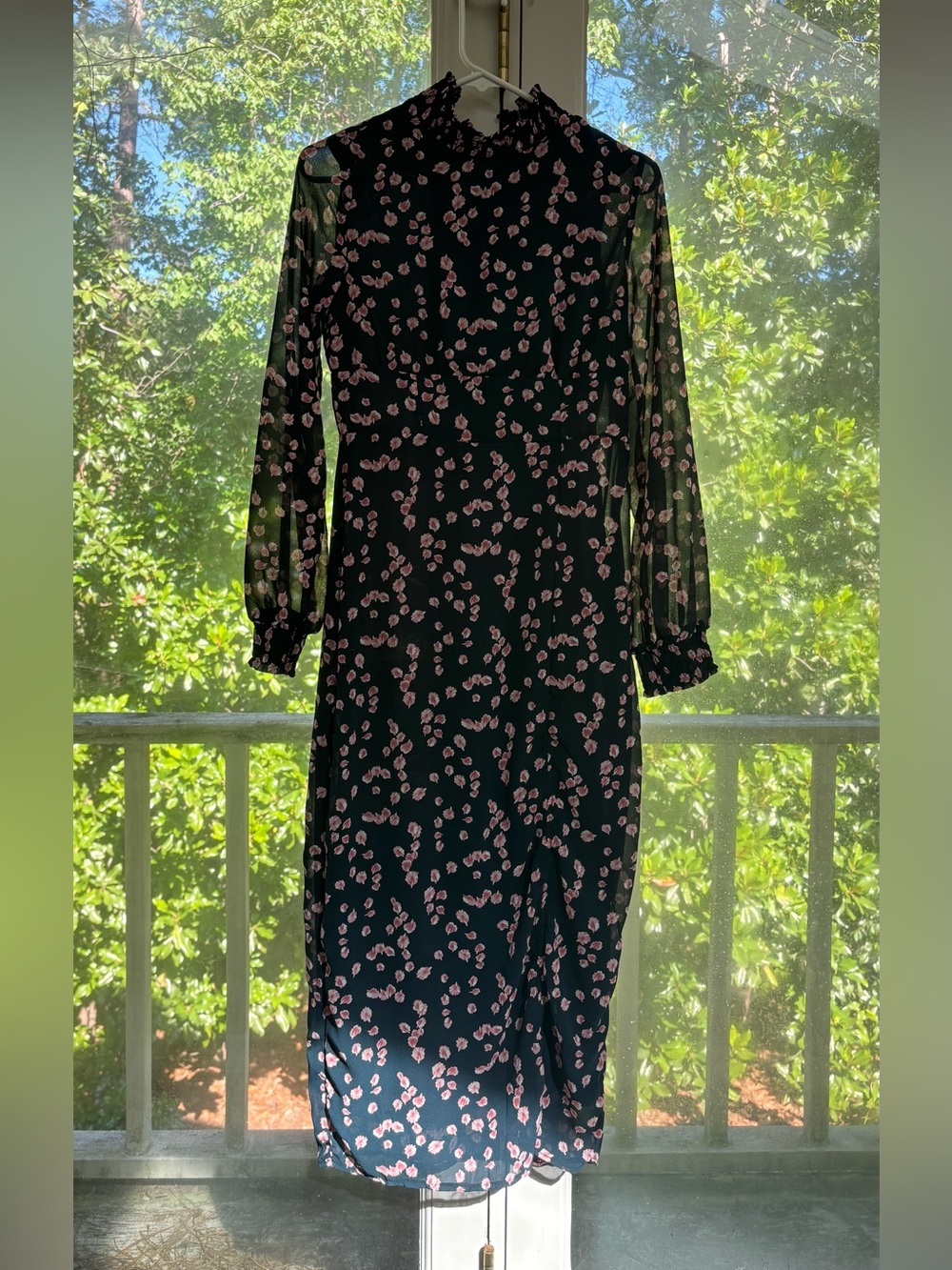 Navy Blue Floral Long-Sleeve Midi Dress